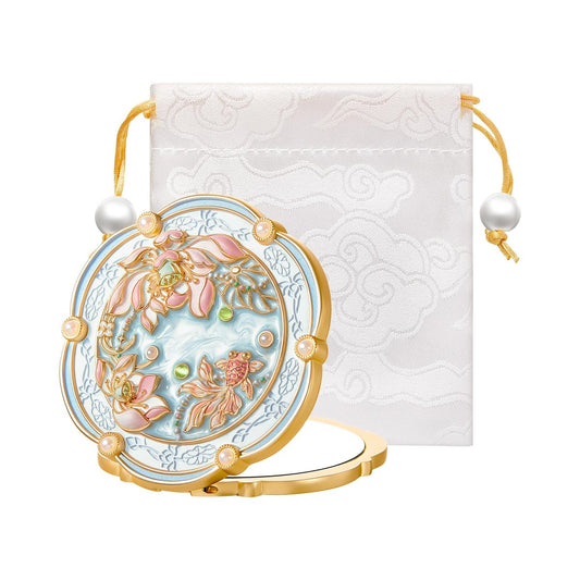 Imperblooms Lotus-Blüten-Kompaktspiegel – Kleiner 2-fach Vergrößerungsspiegel für die Handtasche, Miniaturschminkspiegel zum Zusammenklappen, Blau, Chinesischer Stil, Geschenk für Frauen