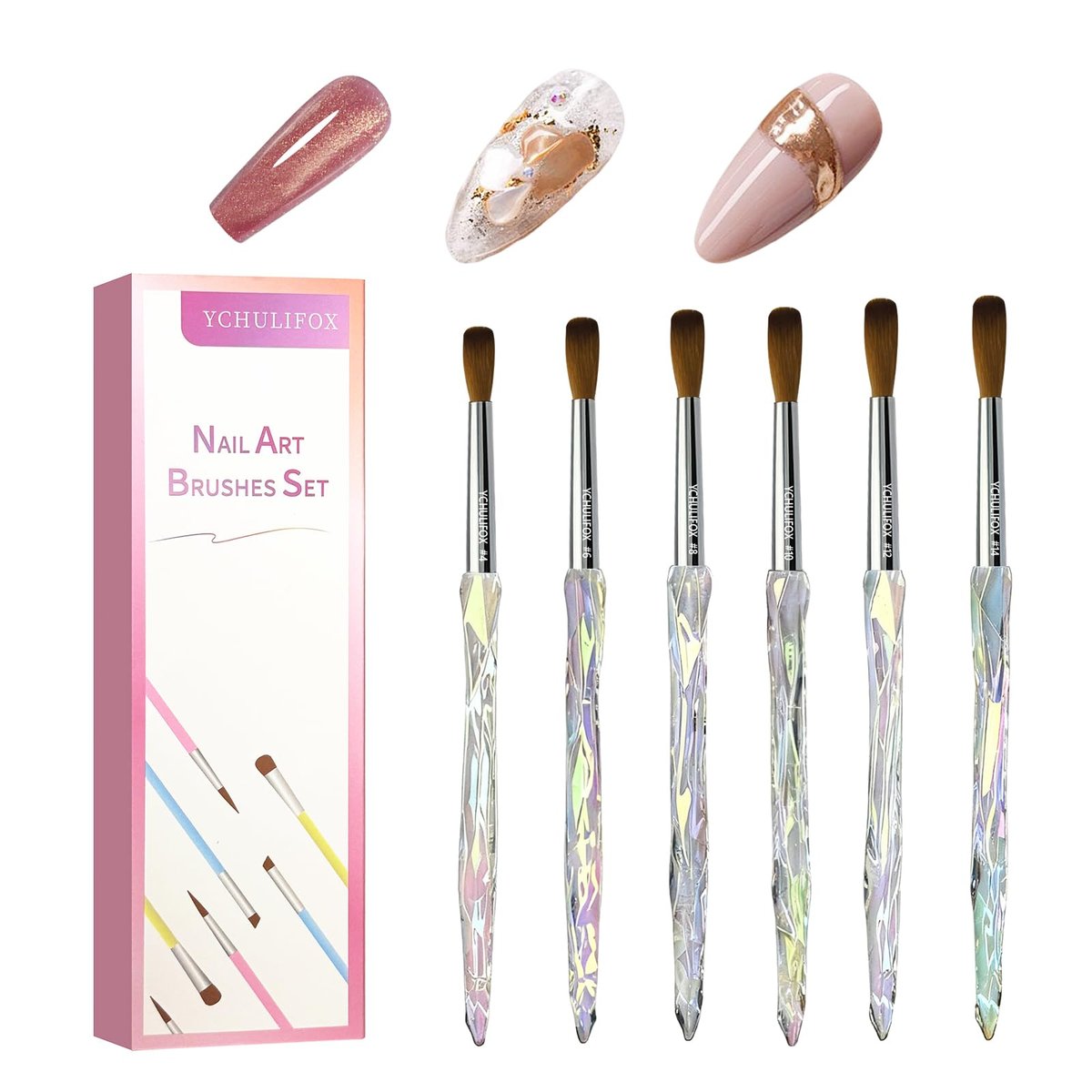 YCHULIFOX Acryl-Nagelbürsten-Set mit 6 Größen (4/6/8/10/12/14) für Dip-Pulver & Gel-Nail-Art – Verstärken Sie Nagelverlängerungen für DIY-Heimsalon & professionelle Nutzung
