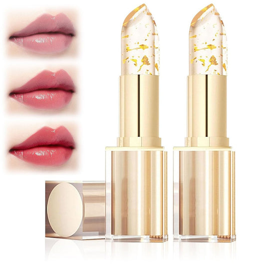 2er-Pack Transferfester Farbwechsel-Lippenstift, Klar-Gold-Kristall-Farbwechsel-Lippenstifte für Frauen, Lang anhaltend, Feuchtigkeitsspendend, Glänzender Lippenglanz, Tiefenpflege-Formel
