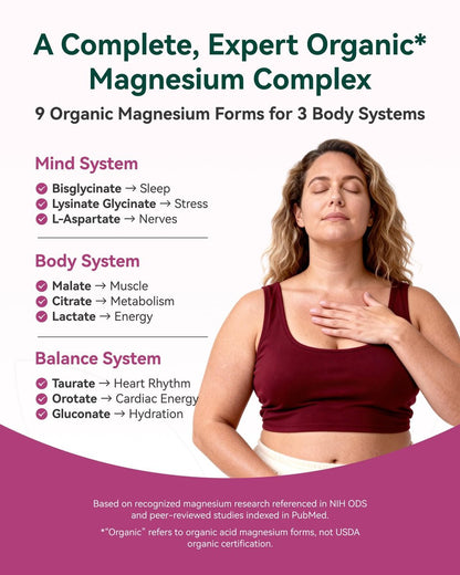 9-in-1 Magnesium Komplex, 300mg Magnesium aus 9 organischen Formen, Glycinat, Citrat, Malat, Hohe Absorption für Schlaf & Entspannung, Energie & Muskelunterstützung, 90 Kapseln