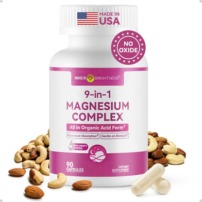 9-in-1 Magnesium Komplex, 300mg Magnesium aus 9 organischen Formen, Glycinat, Citrat, Malat, Hohe Absorption für Schlaf & Entspannung, Energie & Muskelunterstützung, 90 Kapseln