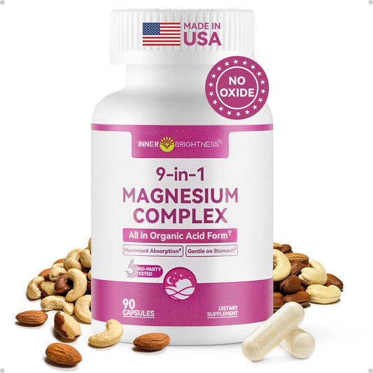 9-in-1 Magnesium Komplex, 300mg Magnesium aus 9 organischen Formen, Glycinat, Citrat, Malat, Hohe Absorption für Schlaf & Entspannung, Energie & Muskelunterstützung, 90 Kapseln