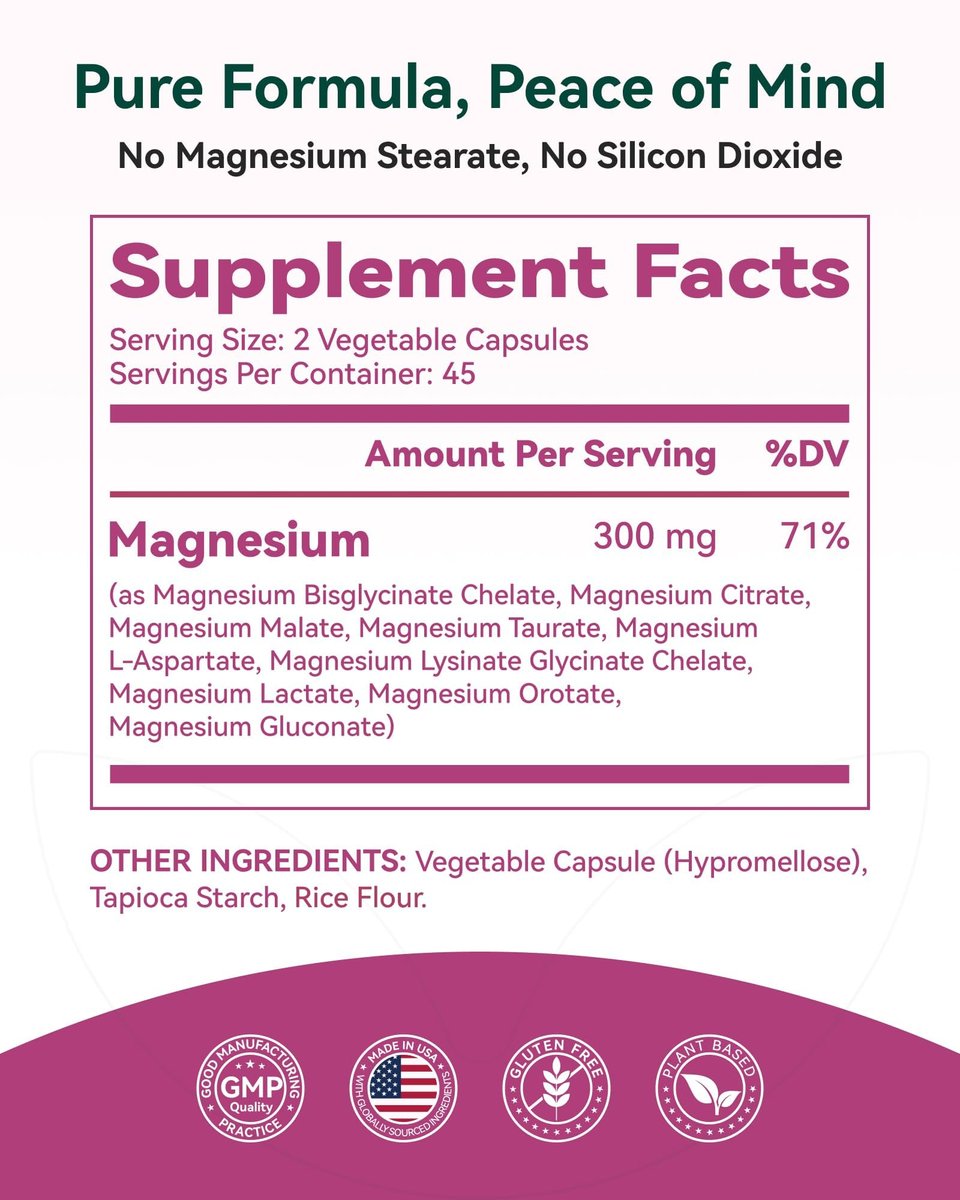 9-in-1 Magnesium Komplex, 300mg Magnesium aus 9 organischen Formen, Glycinat, Citrat, Malat, Hohe Absorption für Schlaf & Entspannung, Energie & Muskelunterstützung, 90 Kapseln