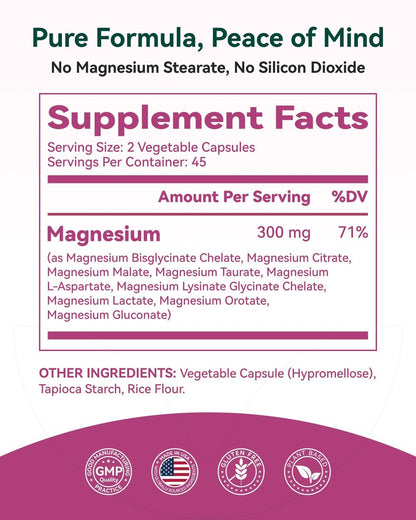 9-in-1 Magnesium Komplex, 300mg Magnesium aus 9 organischen Formen, Glycinat, Citrat, Malat, Hohe Absorption für Schlaf & Entspannung, Energie & Muskelunterstützung, 90 Kapseln