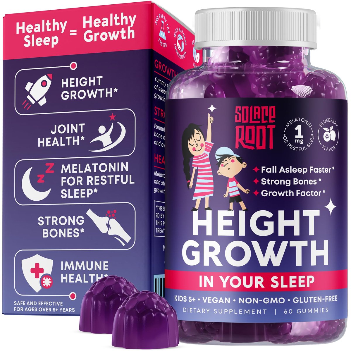 Height Growth Gummies mit Melatonin für Kinder & Teenager – Ashwagandha für Kinder – Melatonina Para Niños – Höhenwachstumsergänzung – Teenager-Jungen-Vitamine – Größer werden Ergänzung – Melatonin-Gummis für Kinder
