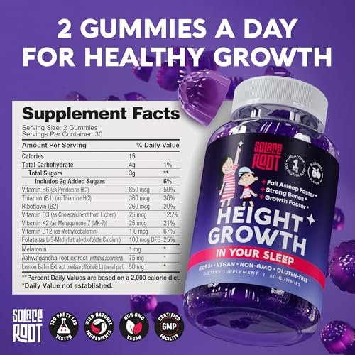 Height Growth Gummies mit Melatonin für Kinder & Teenager – Ashwagandha für Kinder – Melatonina Para Niños – Höhenwachstumsergänzung – Teenager-Jungen-Vitamine – Größer werden Ergänzung – Melatonin-Gummis für Kinder