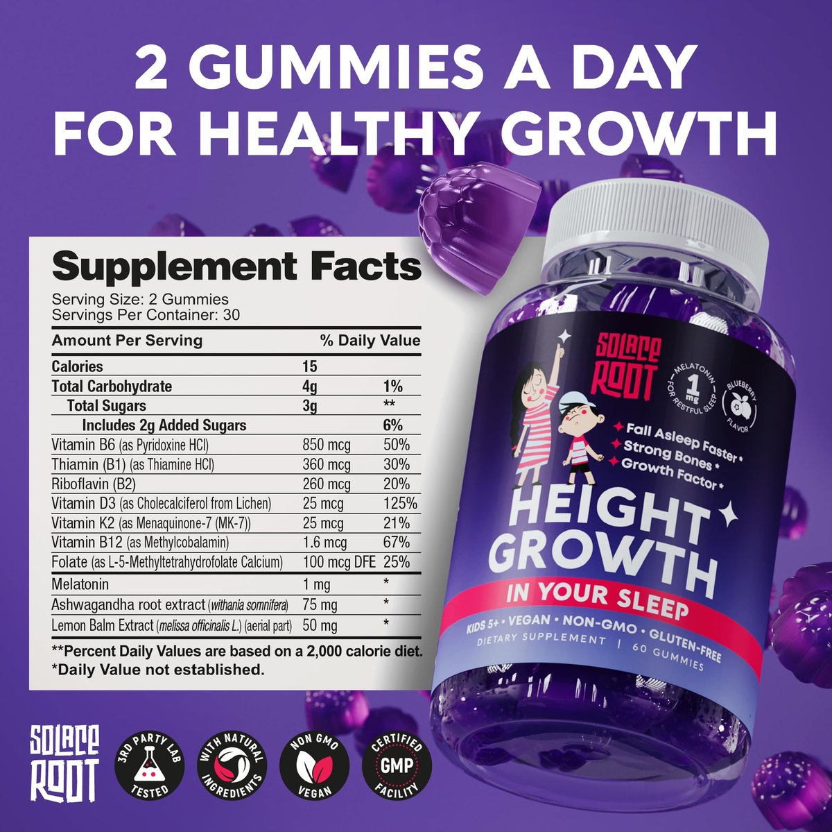 Height Growth Gummies mit Melatonin für Kinder & Teenager – Ashwagandha für Kinder – Melatonina Para Niños – Höhenwachstumsergänzung – Teenager-Jungen-Vitamine – Größer werden Ergänzung – Melatonin-Gummis für Kinder