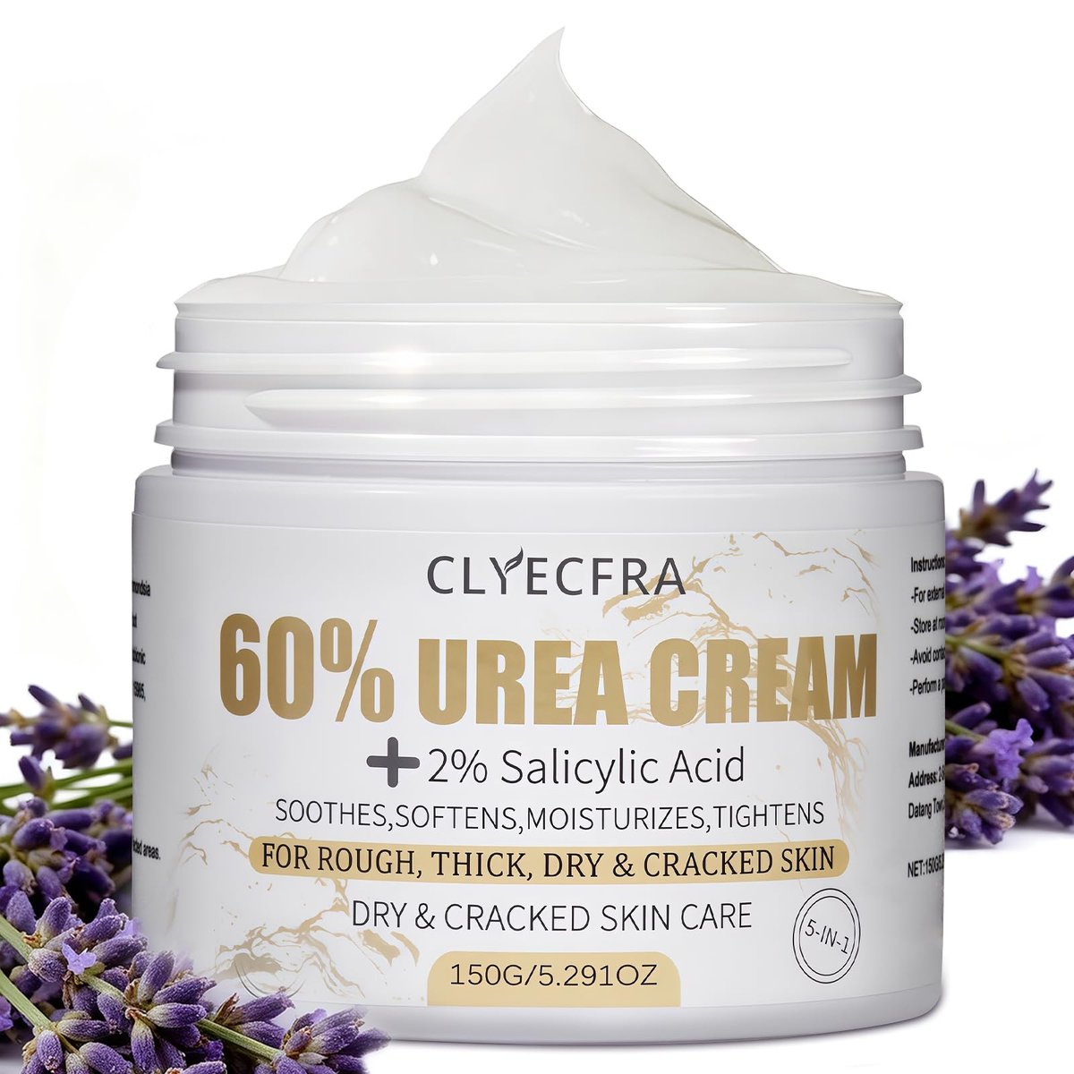Clyecfra 5-in-1 60% Urea Creme mit 2% Salicylsäure – Hochkonzentrierte Fuß- und Handcreme für raue, trockene, rissige Haut, Hornhautentferner, intensive Feuchtigkeitspflege, 150 g