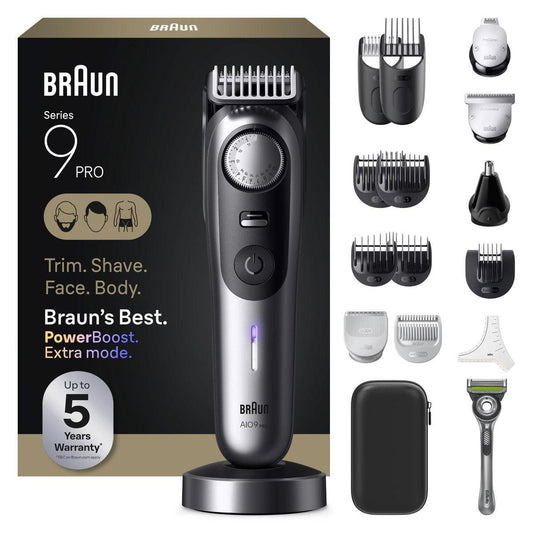 Braun Series 9 PRO All-in-One Bart- und Körperpflege-Set für Männer, kabelloser Trimmer, Haarschneider & Rasierer für Gesicht, Haare & Körper mit Gillette Labs Rasierer, AIO 9570