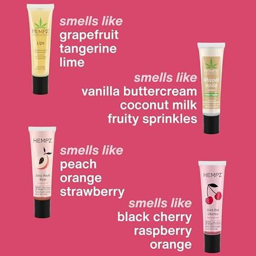 Hempz Lippenbalsam Geschenkset – 4er-Pack mit Juicy Peach, Dark Red Cherries, Original und Whipped Vanilla