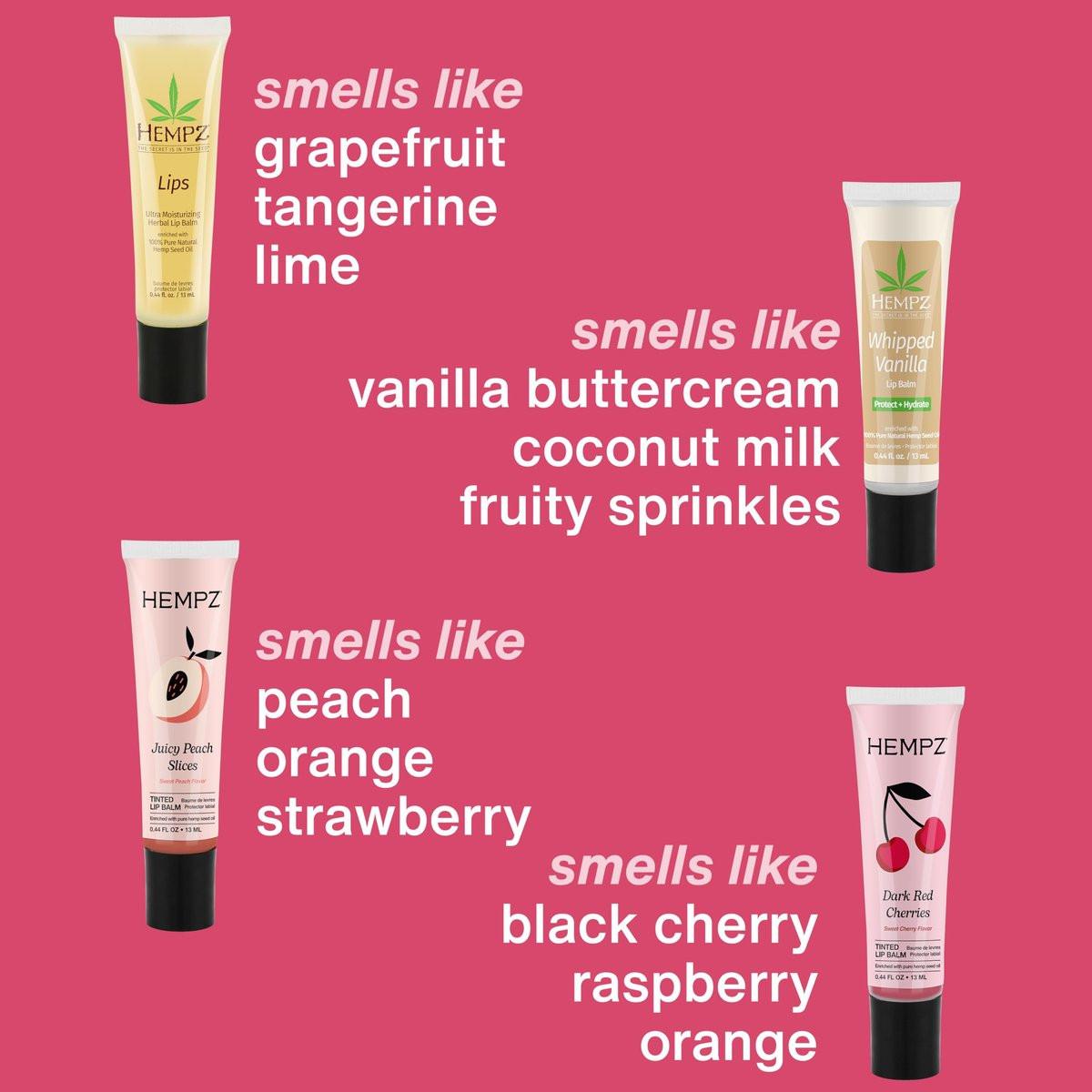 Hempz Lippenbalsam Geschenkset – 4er-Pack mit Juicy Peach, Dark Red Cherries, Original und Whipped Vanilla