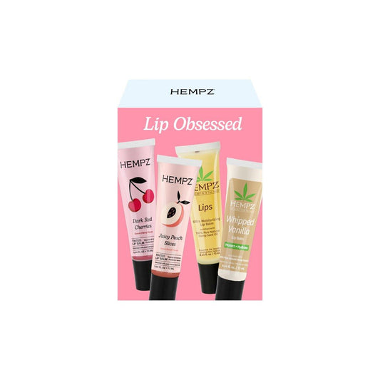Hempz Lippenbalsam Geschenkset – 4er-Pack mit Juicy Peach, Dark Red Cherries, Original und Whipped Vanilla