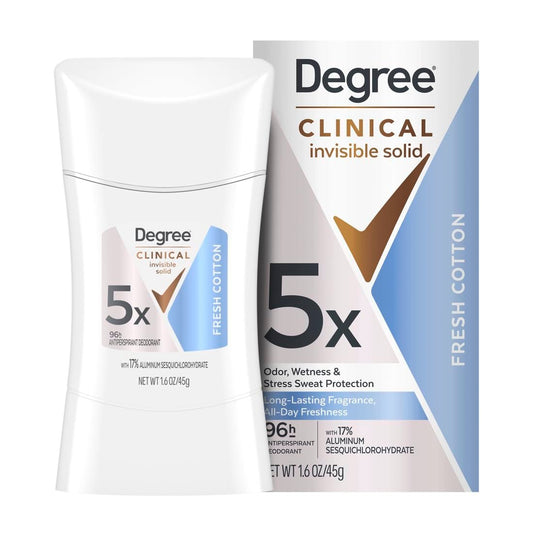 Degree Clinical Strength Antiperspirant Deodorant 96-Stunden-Schweiß- und Geruchsschutz, Fresh Cotton, unsichtbarer Feststoff, 5x Schweißtypen, 1,6 oz