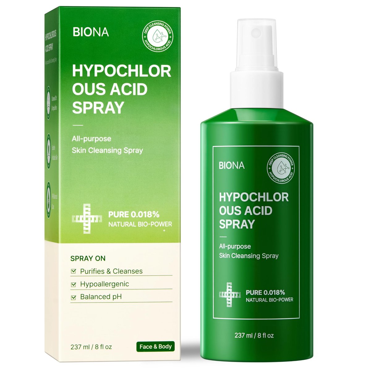 BIONA Reine Hypochlorige Säure Spray 0,018%, pH-ausgeglichen für Gesicht & Haut | Beruhigender, mildernder Reiniger bei Akne, Ekzemen, Reizungen, Rötungen, Babyausschlag | Sicher für alle Altersgruppen & Hauttypen – 240 ml