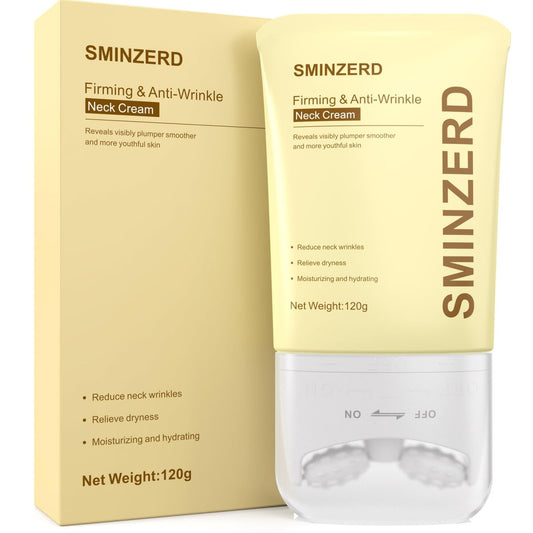 SMINZERD Halsstraffungscreme mit Roller, 4,23 Unzen – Anti-Aging Feuchtigkeitscreme für schlaffe Haut, glättet Falten und feine Linien, strafft und festigt mit Kollagenpeptiden und Hyaluronsäure