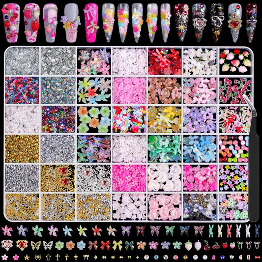 8000-teiliges 3D Nagelverzierungen Set – Gemischte Formen & Farben: Gold, Silber, Kreuze, Sterne, Perlen, Blumen, Schleifen mit Pinzette für Nagelkunst-Design & Aufbewahrungsbox