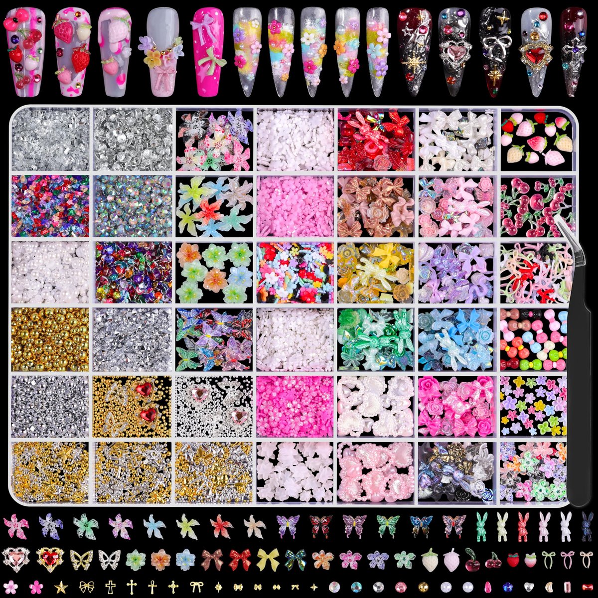 8000-teiliges 3D Nagelverzierungen Set – Gemischte Formen & Farben: Gold, Silber, Kreuze, Sterne, Perlen, Blumen, Schleifen mit Pinzette für Nagelkunst-Design & Aufbewahrungsbox