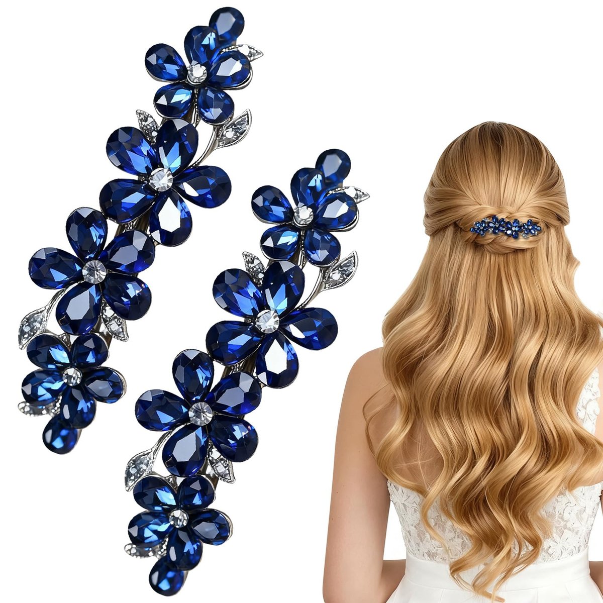 2 Stück blaue Haarklammern für Frauen, Strass-Clips mit Premium-Kristall, Schmuckaccessoires für Frauen mit dünnem und dickem Haar, sicherer Halt für verschiedene Frisuren