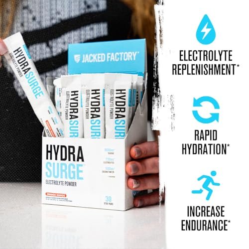 Jacked Factory Hydrasurge Electrolyte Pulver-Päckchen – Zuckerfrei & natürlich gesüßt – Keto & vegan freundlich, löst sich leicht auf – 30 Stick-Packs, Orange Mango