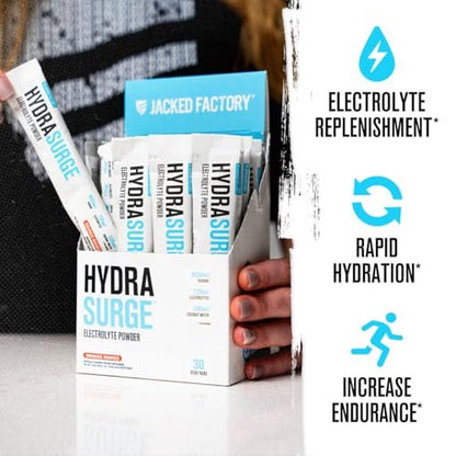 Jacked Factory Hydrasurge Electrolyte Pulver-Päckchen – Zuckerfrei & natürlich gesüßt – Keto & vegan freundlich, löst sich leicht auf – 30 Stick-Packs, Orange Mango