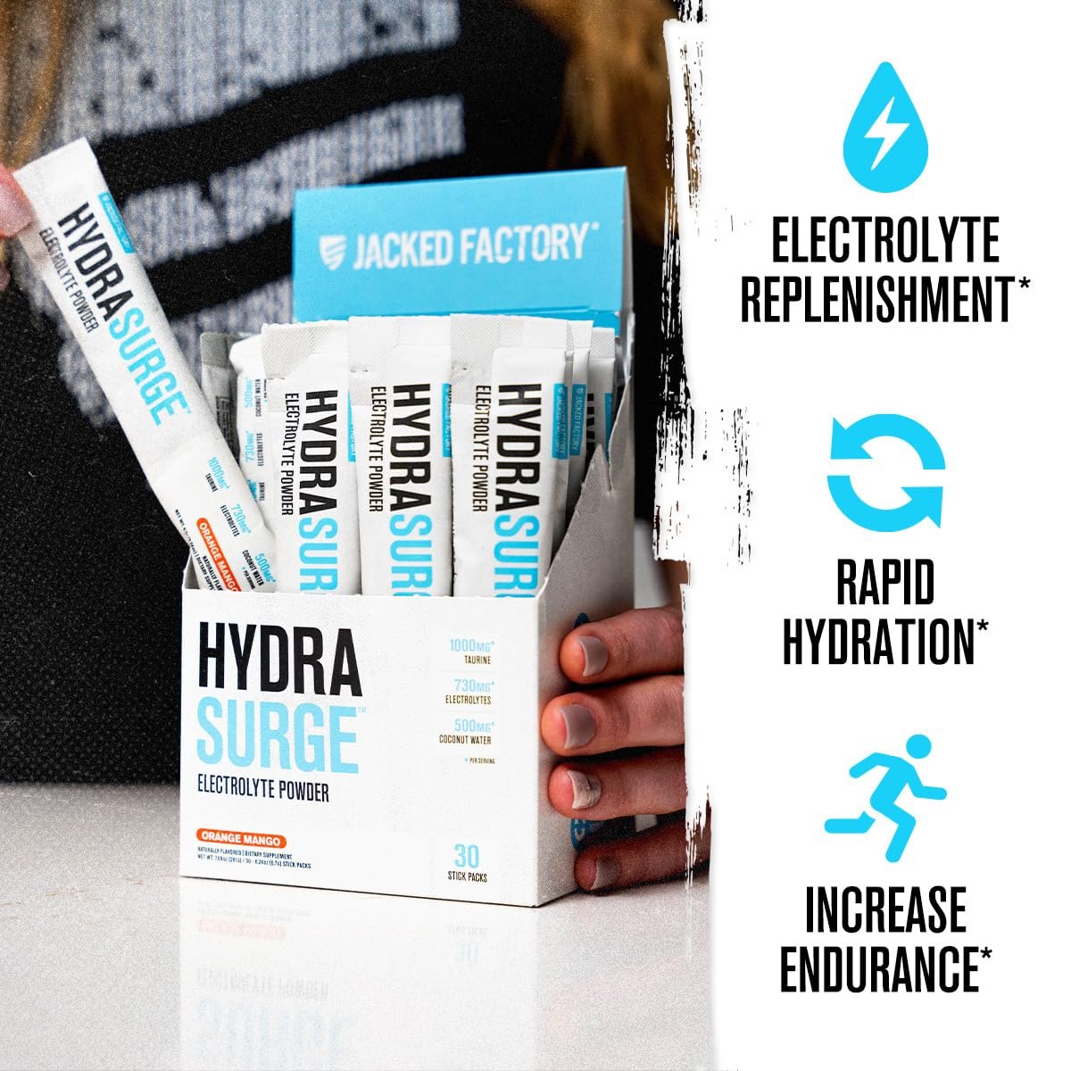 Jacked Factory Hydrasurge Electrolyte Pulver-Päckchen – Zuckerfrei & natürlich gesüßt – Keto & vegan freundlich, löst sich leicht auf – 30 Stick-Packs, Orange Mango