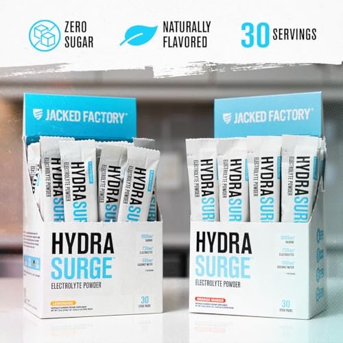 Jacked Factory Hydrasurge Electrolyte Pulver-Päckchen – Zuckerfrei & natürlich gesüßt – Keto & vegan freundlich, löst sich leicht auf – 30 Stick-Packs, Orange Mango