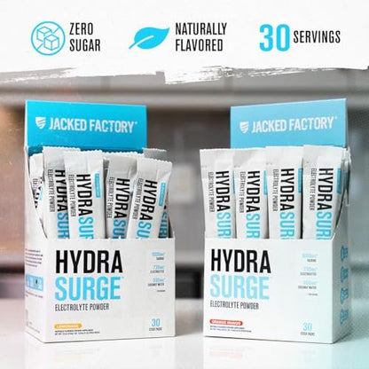 Jacked Factory Hydrasurge Electrolyte Pulver-Päckchen – Zuckerfrei & natürlich gesüßt – Keto & vegan freundlich, löst sich leicht auf – 30 Stick-Packs, Orange Mango