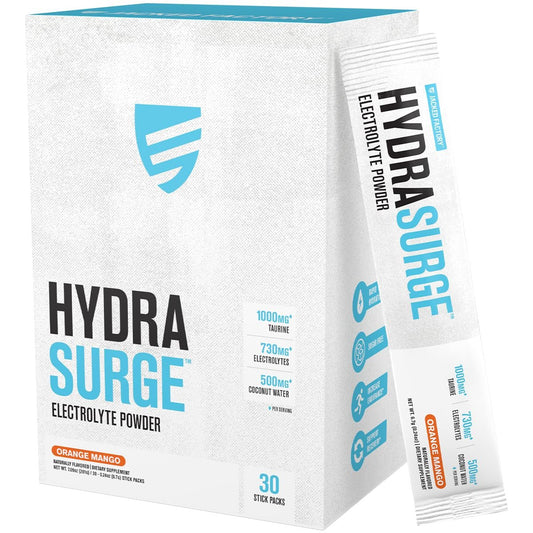 Jacked Factory Hydrasurge Electrolyte Pulver-Päckchen – Zuckerfrei & natürlich gesüßt – Keto & vegan freundlich, löst sich leicht auf – 30 Stick-Packs, Orange Mango