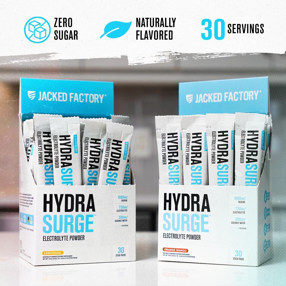 Jacked Factory Hydrasurge Electrolyte Pulver-Päckchen – Zuckerfrei & natürlich gesüßt – Keto & vegan freundlich, löst sich leicht auf – 30 Stick-Packs, Orange Mango