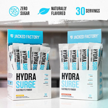 Jacked Factory Hydrasurge Electrolyte Pulver-Päckchen – Zuckerfrei & natürlich gesüßt – Keto & vegan freundlich, löst sich leicht auf – 30 Stick-Packs, Orange Mango