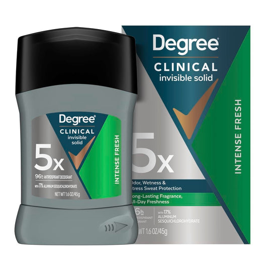 Degree Clinical Strength Antiperspirant Deodorant für Herren – 96-Stunden-Schutz gegen Schweiß und Geruch, Intense Fresh, unsichtbarer Feststoff, bekämpft 5 Schweißarten
