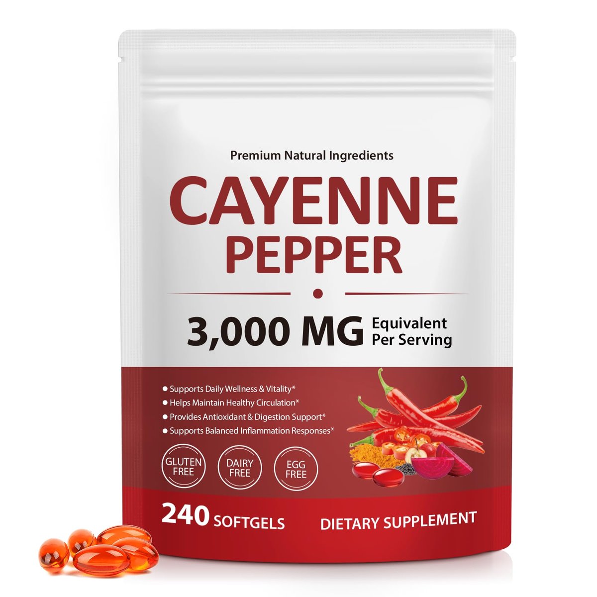 Premium Cayenne Pfeffer Kapseln mit Kurkuma Curcumin & Rote Bete Extrakt | Unterstützt Herz-Kreislauf-Gesundheit, Durchblutung | Hochwirksames Capsaicin-Präparat, leicht zu schluckende Softgels (240 Stück)