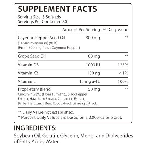 Premium Cayenne Pfeffer Kapseln mit Kurkuma Curcumin & Rote Bete Extrakt | Unterstützt Herz-Kreislauf-Gesundheit, Durchblutung | Hochwirksames Capsaicin-Präparat, leicht zu schluckende Softgels (240 Stück)