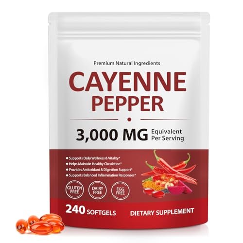 Premium Cayenne Pfeffer Kapseln mit Kurkuma Curcumin & Rote Bete Extrakt | Unterstützt Herz-Kreislauf-Gesundheit, Durchblutung | Hochwirksames Capsaicin-Präparat, leicht zu schluckende Softgels (240 Stück)