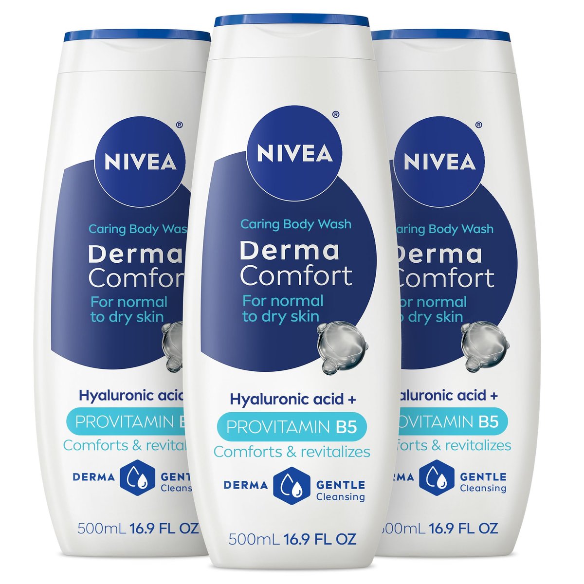 NIVEA Derma Comfort Pflegende Duschcreme für normale bis trockene Haut mit Hyaluronsäure und Provitamin B5, 500 ml Flasche, 3er-Pack