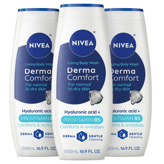 NIVEA Derma Comfort Pflegende Duschcreme für normale bis trockene Haut mit Hyaluronsäure und Provitamin B5, 500 ml Flasche, 3er-Pack