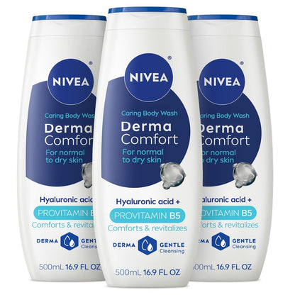 NIVEA Derma Comfort Pflegende Duschcreme für normale bis trockene Haut mit Hyaluronsäure und Provitamin B5, 500 ml Flasche, 3er-Pack