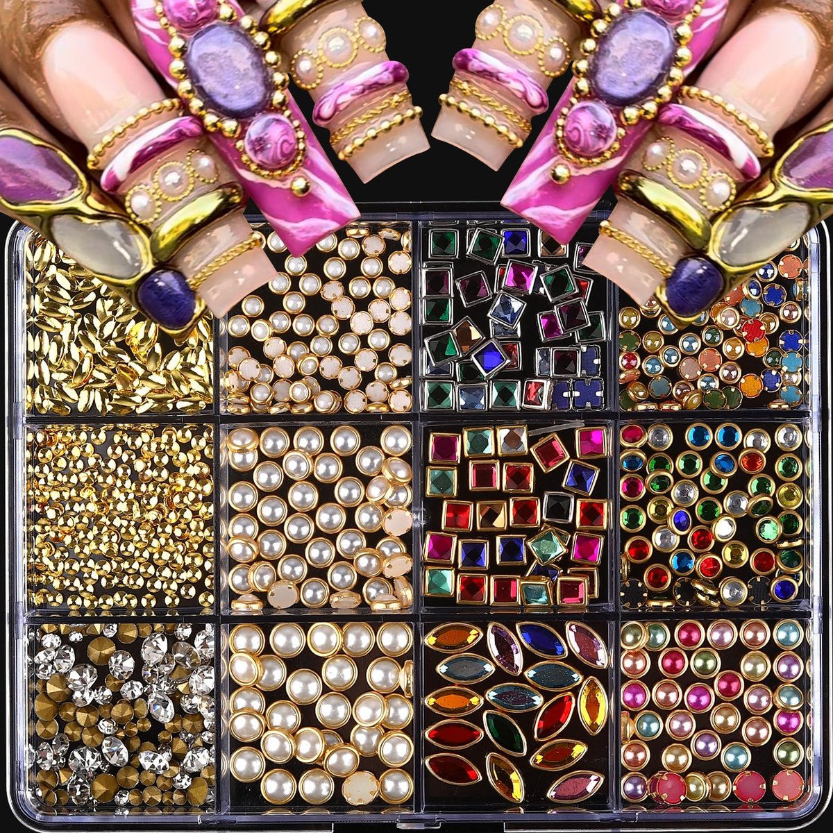 ROFIBUT Luxus 3D-Nagelverzierungen - 12-Fach Set mit Strasssteinen, Metallperlen und Vintage-Anhängern für bunte, glänzende Nagel-DIY-Designs
