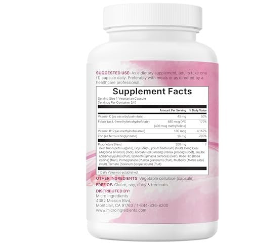 Micro Ingredients Blood+ Advanced Eisenpräparat, 240 vegane Kapseln | 14-in-1 Eisenbisglycinat mit Folat, Vitaminen B, C | Chelat-Eisenkomplex mit pflanzlicher Mischung | Non-GMO