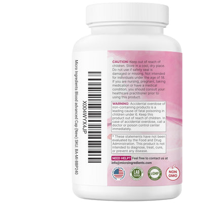 Micro Ingredients Blood+ Advanced Eisenpräparat, 240 vegane Kapseln | 14-in-1 Eisenbisglycinat mit Folat, Vitaminen B, C | Chelat-Eisenkomplex mit pflanzlicher Mischung | Non-GMO