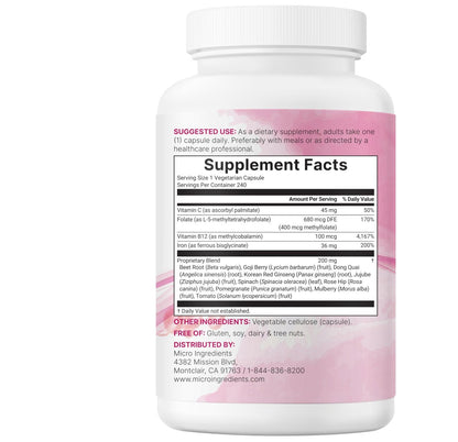 Micro Ingredients Blood+ Advanced Eisenpräparat, 240 vegane Kapseln | 14-in-1 Eisenbisglycinat mit Folat, Vitaminen B, C | Chelat-Eisenkomplex mit pflanzlicher Mischung | Non-GMO