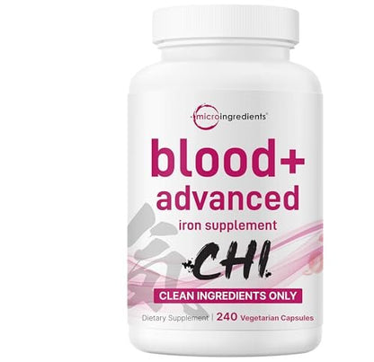 Micro Ingredients Blood+ Advanced Eisenpräparat, 240 vegane Kapseln | 14-in-1 Eisenbisglycinat mit Folat, Vitaminen B, C | Chelat-Eisenkomplex mit pflanzlicher Mischung | Non-GMO