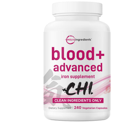 Micro Ingredients Blood+ Advanced Eisenpräparat, 240 vegane Kapseln | 14-in-1 Eisenbisglycinat mit Folat, Vitaminen B, C | Chelat-Eisenkomplex mit pflanzlicher Mischung | Non-GMO