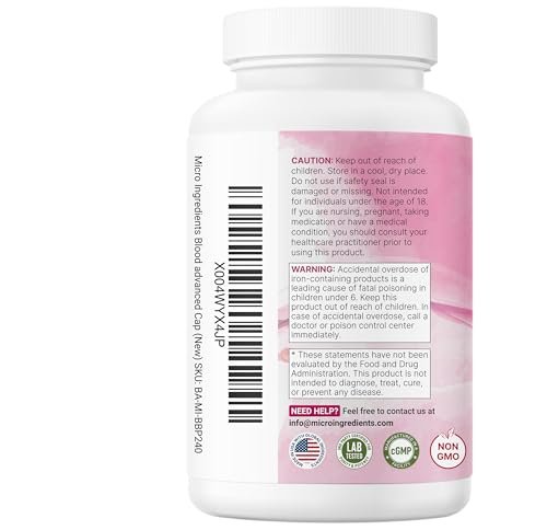 Micro Ingredients Blood+ Advanced Eisenpräparat, 240 vegane Kapseln | 14-in-1 Eisenbisglycinat mit Folat, Vitaminen B, C | Chelat-Eisenkomplex mit pflanzlicher Mischung | Non-GMO
