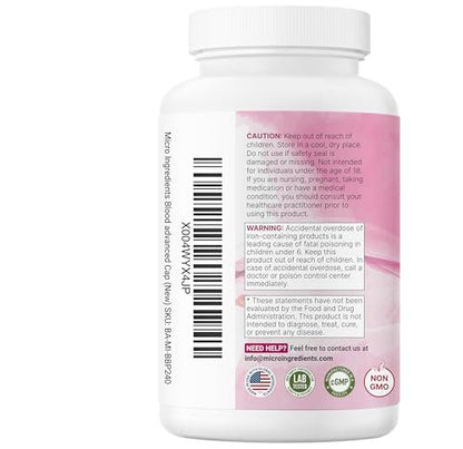 Micro Ingredients Blood+ Advanced Eisenpräparat, 240 vegane Kapseln | 14-in-1 Eisenbisglycinat mit Folat, Vitaminen B, C | Chelat-Eisenkomplex mit pflanzlicher Mischung | Non-GMO