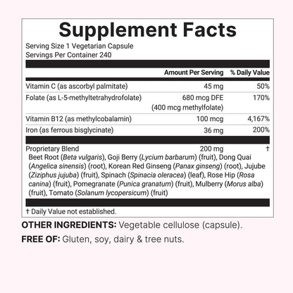 Micro Ingredients Blood+ Advanced Eisenpräparat, 240 vegane Kapseln | 14-in-1 Eisenbisglycinat mit Folat, Vitaminen B, C | Chelat-Eisenkomplex mit pflanzlicher Mischung | Non-GMO