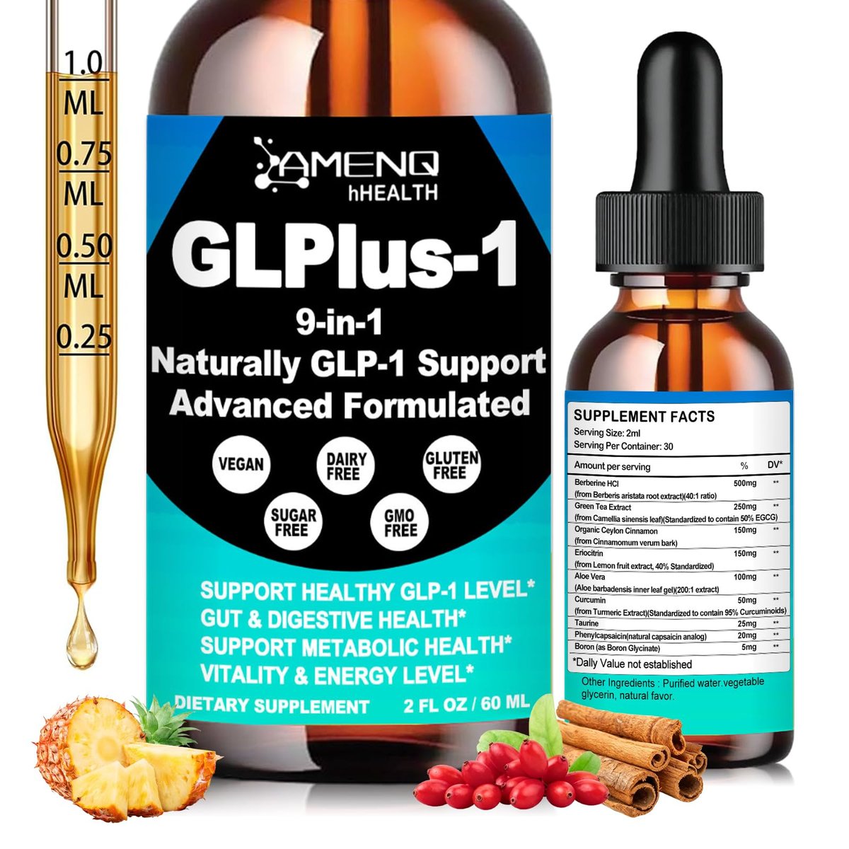 Berberin Liquid Tropfen mit Ceylon Zimt, Grüntee, Eriocitrin, Curcumin & Aloe Vera – Stoffwechsel, Verdauung & GLP-1 Unterstützung – Schnell wirkende orale Lösung für Frauen und Männer