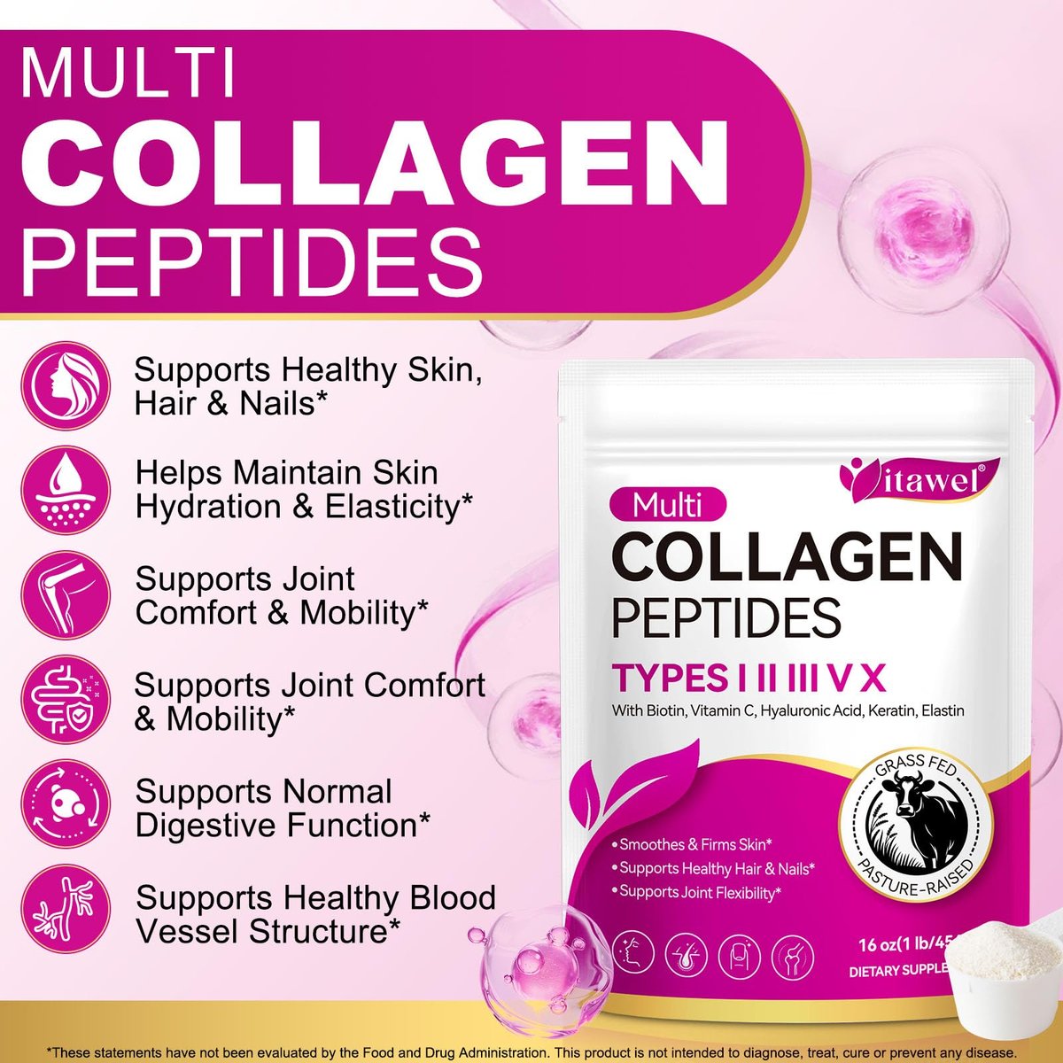 Multi-Kollagen-Peptid-Pulver – Typen I, II, III, V, X – Grasgefüttert, Weidehaltung – Unterstützt Haut, Haare, Nägel & Gelenke – Geschmacksneutral, hydrolysiert, leicht mischbar – Ohne Gentechnik, glutenfrei, laktosefrei