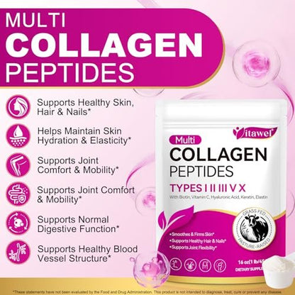 Multi-Kollagen-Peptid-Pulver – Typen I, II, III, V, X – Grasgefüttert, Weidehaltung – Unterstützt Haut, Haare, Nägel & Gelenke – Geschmacksneutral, hydrolysiert, leicht mischbar – Ohne Gentechnik, glutenfrei, laktosefrei