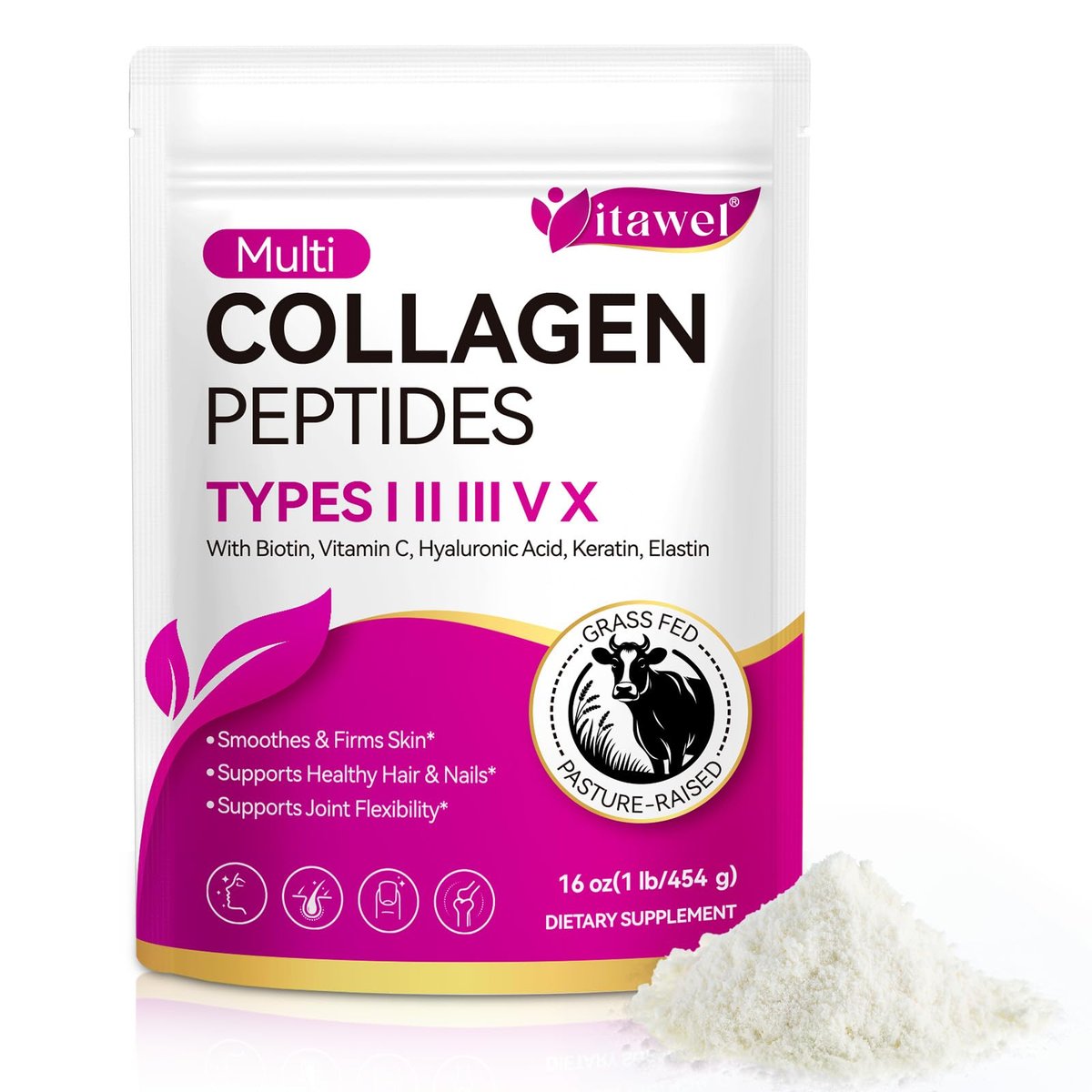 Multi-Kollagen-Peptid-Pulver – Typen I, II, III, V, X – Grasgefüttert, Weidehaltung – Unterstützt Haut, Haare, Nägel & Gelenke – Geschmacksneutral, hydrolysiert, leicht mischbar – Ohne Gentechnik, glutenfrei, laktosefrei